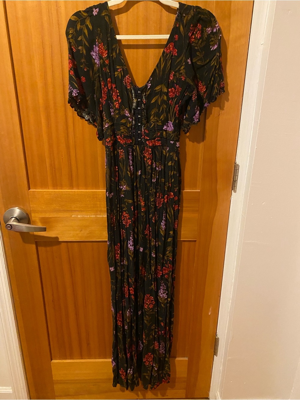 American Eagle Outfitters Black Maxi Dress with Red & Purple Floral Print